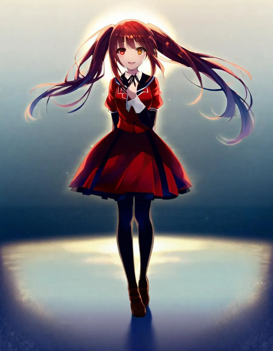 Anime girl with green hair, wearing a red dress, flower crown, and black corset, sitting in a sunlit forest meadow. AI generated image using Stable Diffusion.