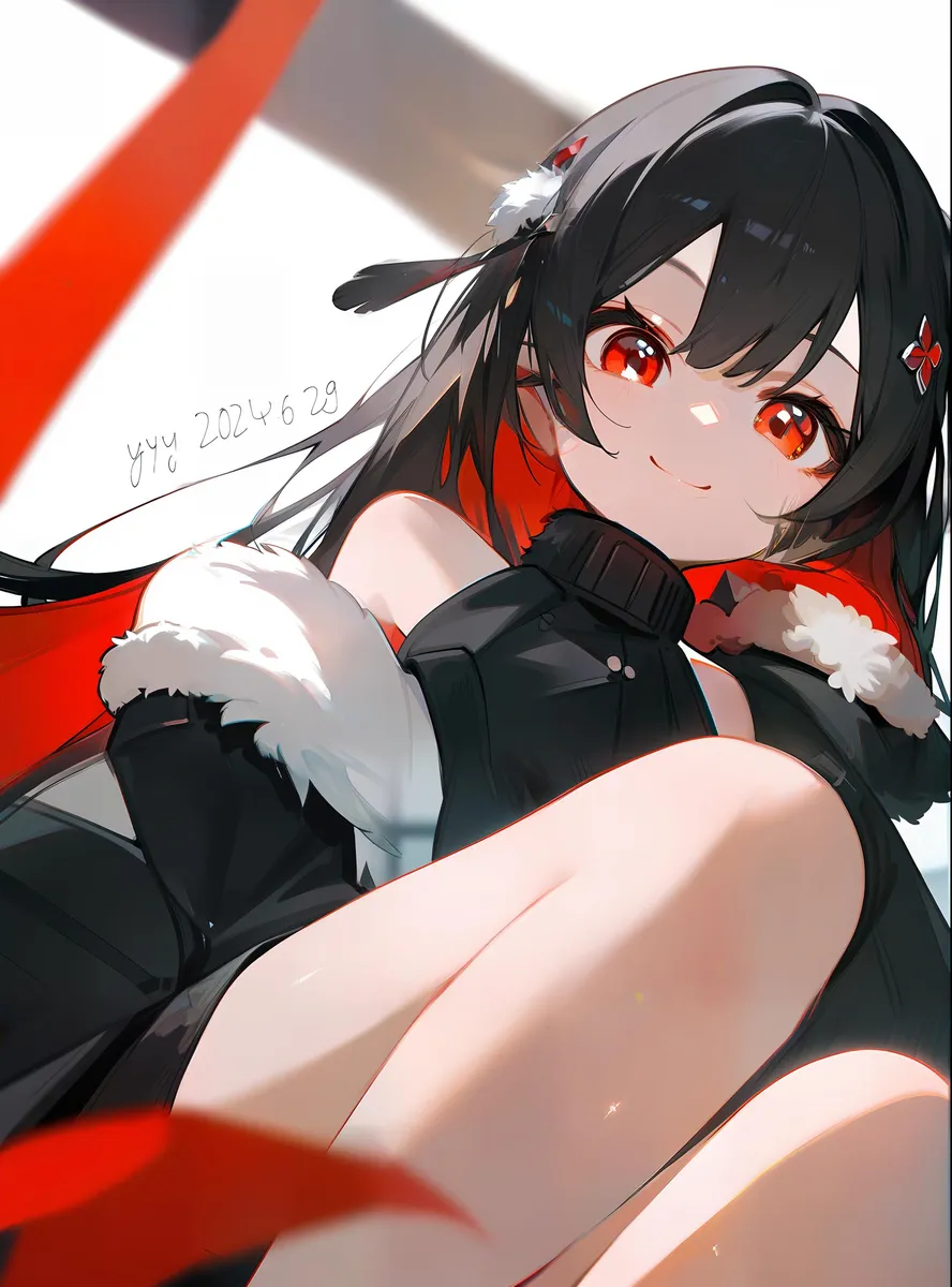 Anime girl with red eyes sitting in a room, AI-generated image using Stable Diffusion.