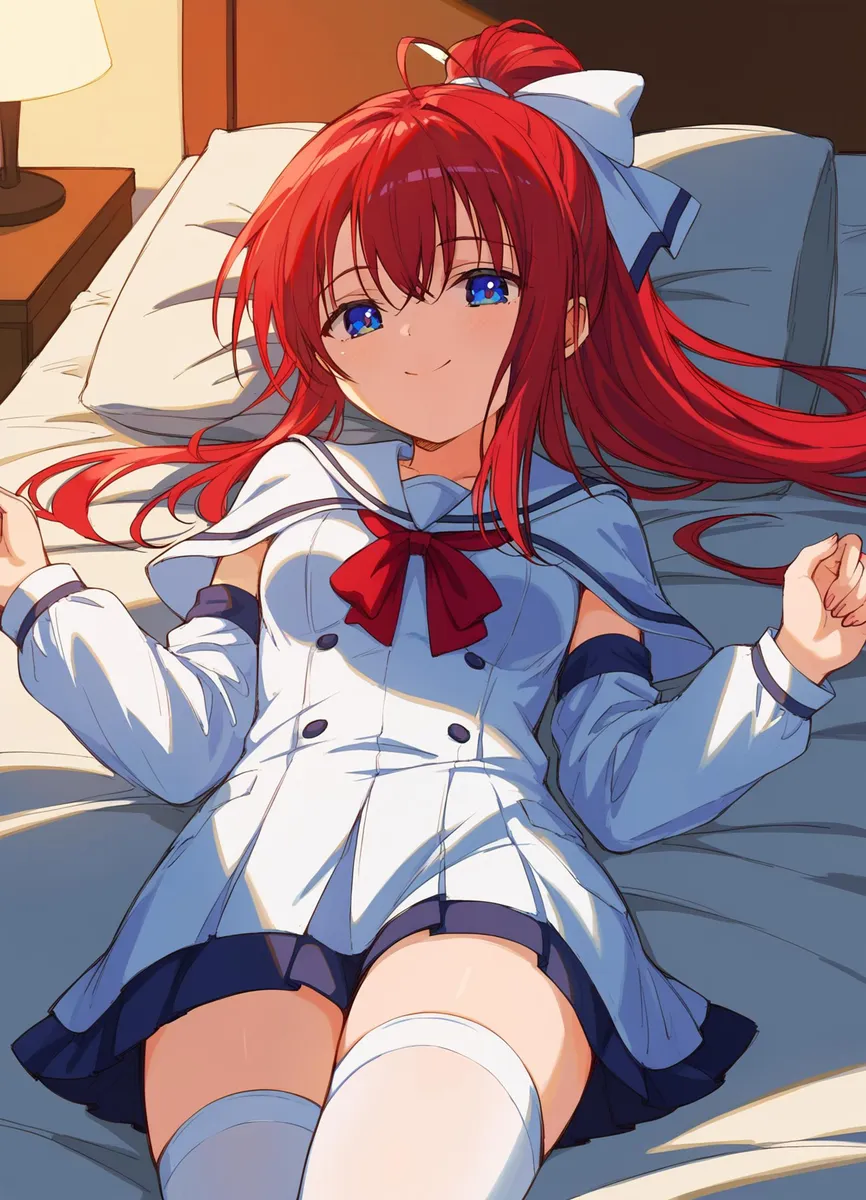 長い茶色の髪、赤い目、緑と黒の制服を着たアニメの女の子が廊下で微笑んでいる。