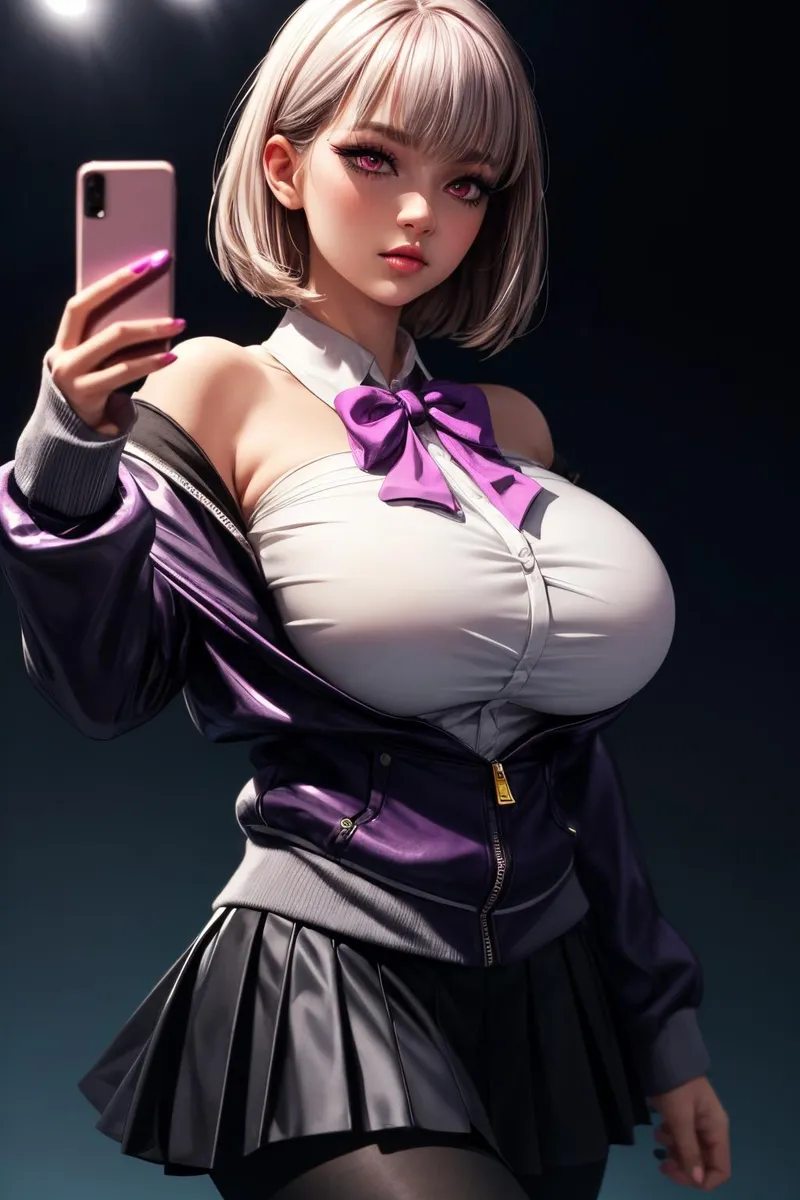 緑色の髪と鋭い表情を持つアニメキャラクターのタツマキが、黒のドレスを着て裸足で夜空に浮かび、携帯電話を持っている。