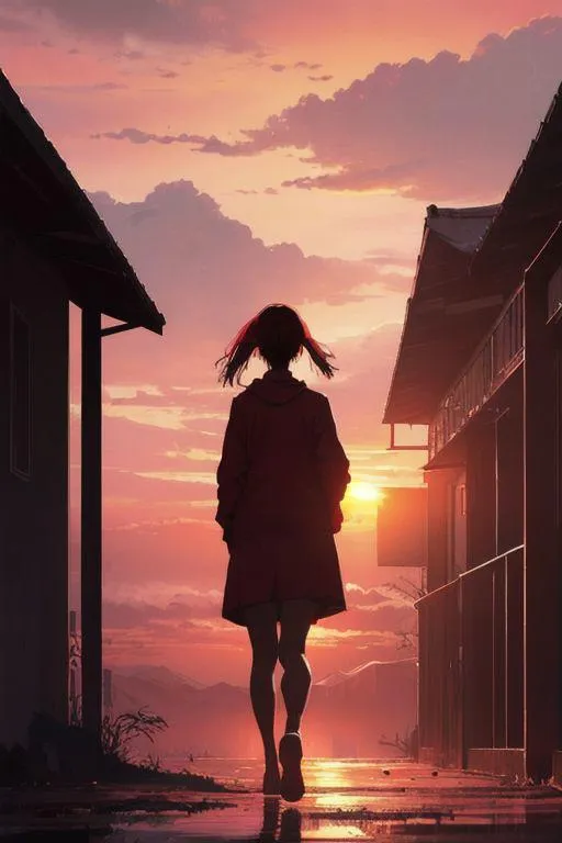 Ein Anime-Mädchen mit kurzen Haaren, das bei Sonnenuntergang eine verlassene Straße entlangläuft. Schöner Himmel mit Orangetönen und Rosa. KI-generiertes Bild unter Verwendung von Stable Diffusion.