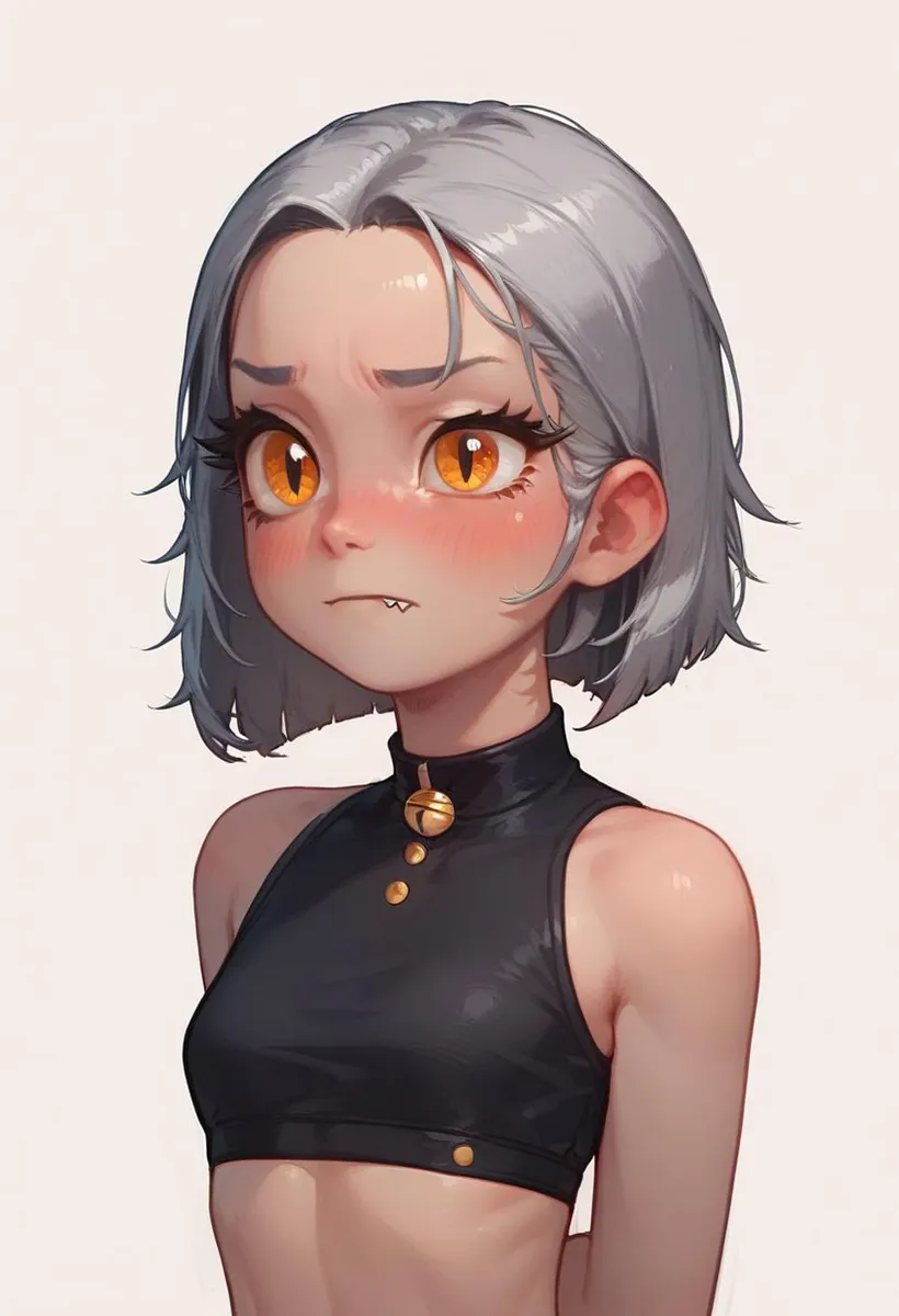 Garota em estilo anime com cabelo curto cinza, grandes olhos amarelos e pequenos dentes afiados, vestindo um top preto sem mangas. Esta imagem foi gerada por IA usando Stable Diffusion.