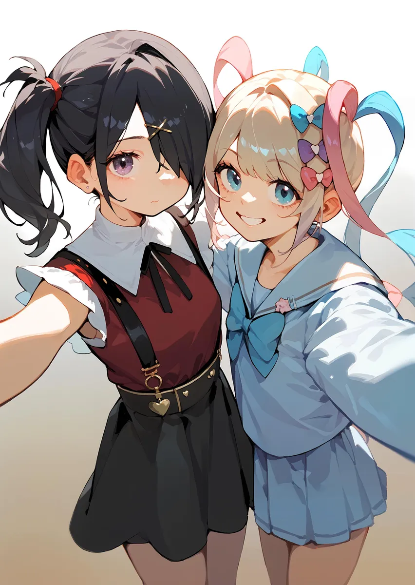 Stable Diffusionで生成された可愛いAIアニメ画像。ポニーテールの黒髪でサスペンダー付きの赤い服装の少女と、カラフルなリボンで飾られた金髪で青い服装の少女の2人が自撮りをしている。