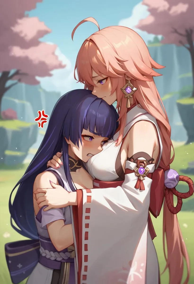 Uma cena emocional de anime com duas personagens femininas se abraçando afetuosamente, gerada usando Stable Diffusion AI.