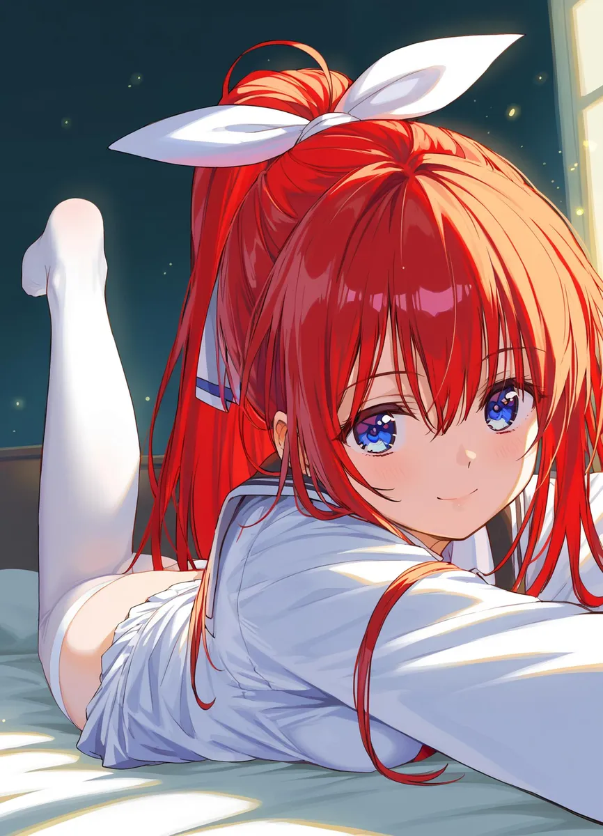 An AI generated image using Stable Diffusion of a serious-looking anime character with vibrant red hair, styled in a partially tied ponytail. The character is dressed in a detailed fantasy warrior outfit featuring intricate patterns and shades of black and red.