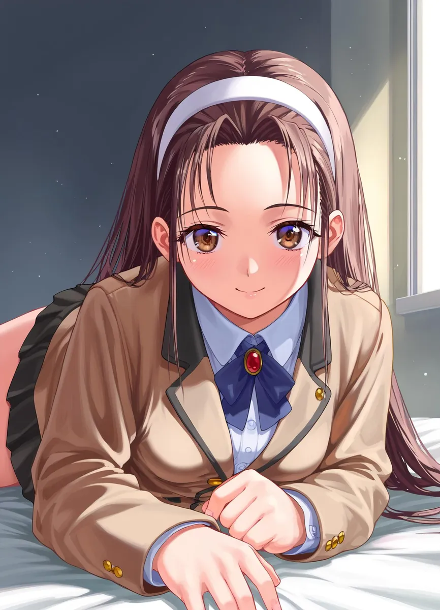 智森彩奈のアニメ肖像画で、黒髪と黄色の目、学校制服を着用しています。