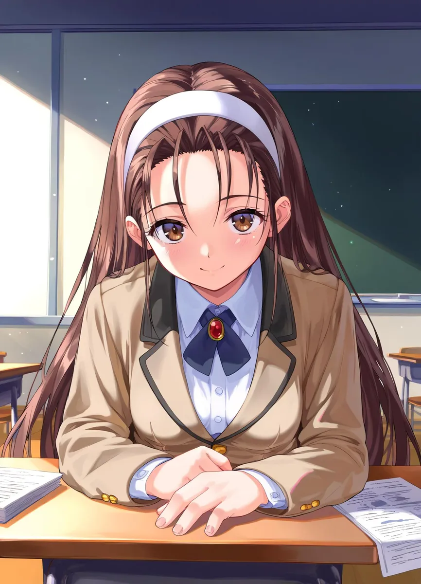Anime-style schoolgirl standing in a classroom with desks and a chalkboard, generated using Stable Diffusion AI.