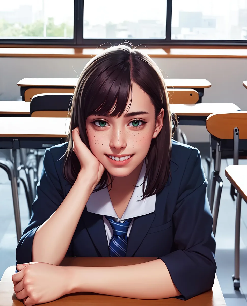 Anime schoolgirl with dark hair and purple eyes sitting at a desk in a classroom, wearing a school uniform and a sweater over her shoulders, AI generated image using Stable Diffusion.