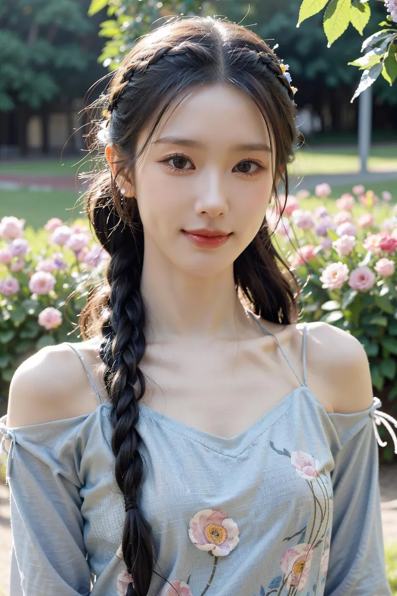 긴 땋은 머리 스타일을 한 아름다운 소녀가 매혹적인 꽃 정원에 서 있습니다. Stable Diffusion을 사용해 AI로 생성된 이미지입니다.