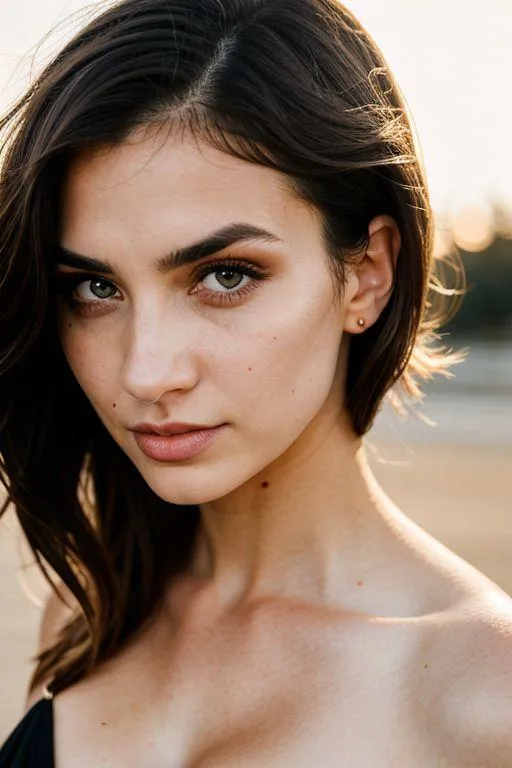 Nahaufnahme eines Porträts einer schönen Frau mit glattem dunklem Haar, hochgewölbten Augenbrauen und weichem Makeup, erstellt mit Stable Diffusion AI.