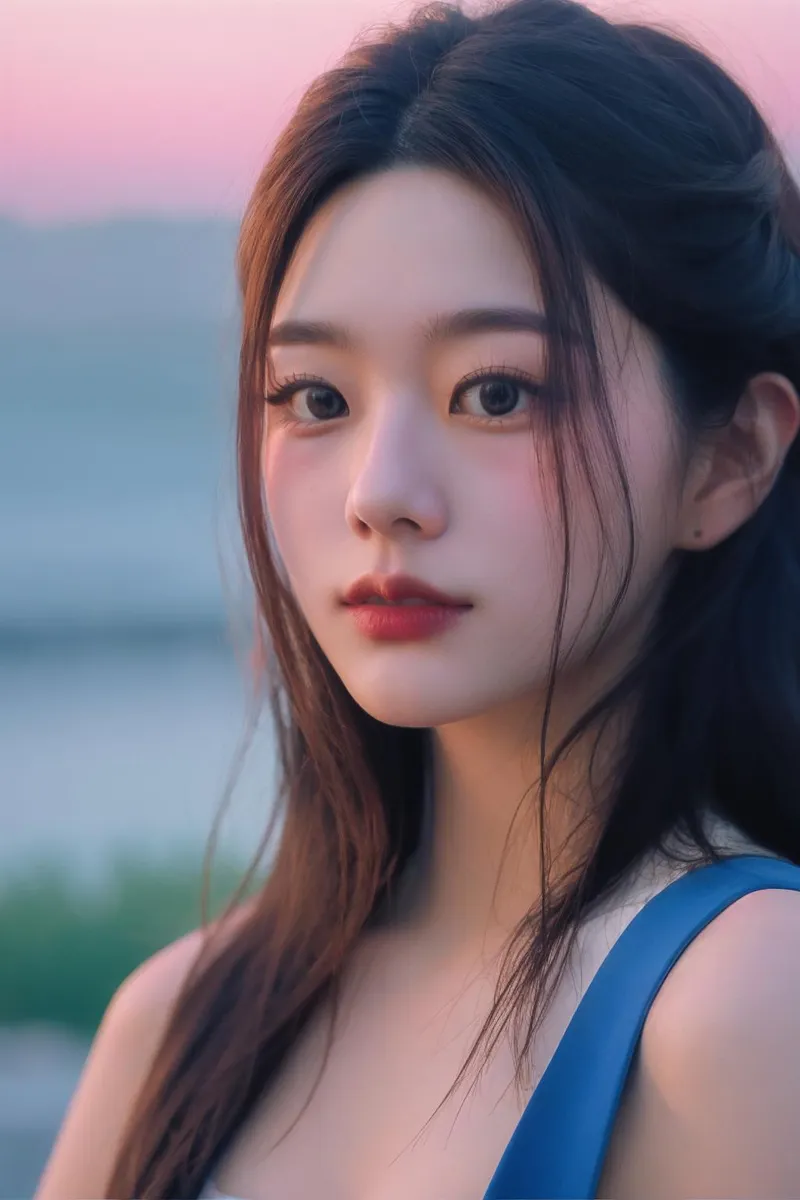 夕暮れの都市にいる女性のフォトリアリスティックなポートレート、詳細な写真スタイルを披露。