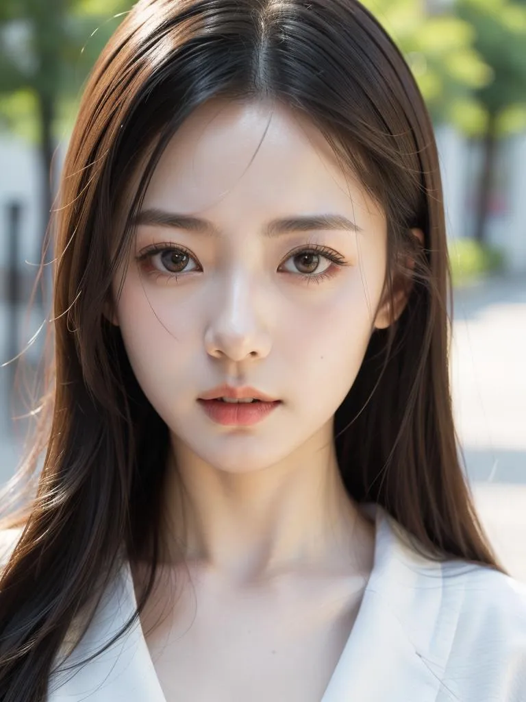 AI generated image using stable diffusion showing a beautiful woman with long dark hair, wearing an off-shoulder white blouse, standing in a well-lit modern kitchen.