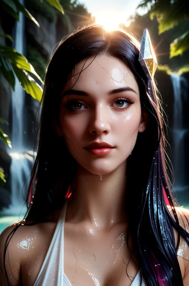 Stable Diffusionを使用して生成された、濡れた髪と控えめなメイク、長いストレートヘアに紙の船のアクセサリーを付けた美しい女性の見事なAI生成画像。背景には滝がある。