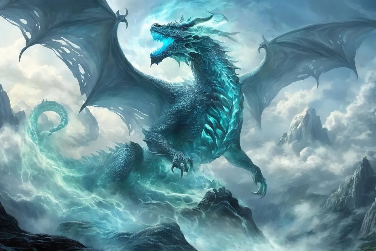 Maestoso drago blu con scaglie e ali luminose appollaiato su terreno montuoso roccioso. Immagine generata da AI usando stable diffusion.