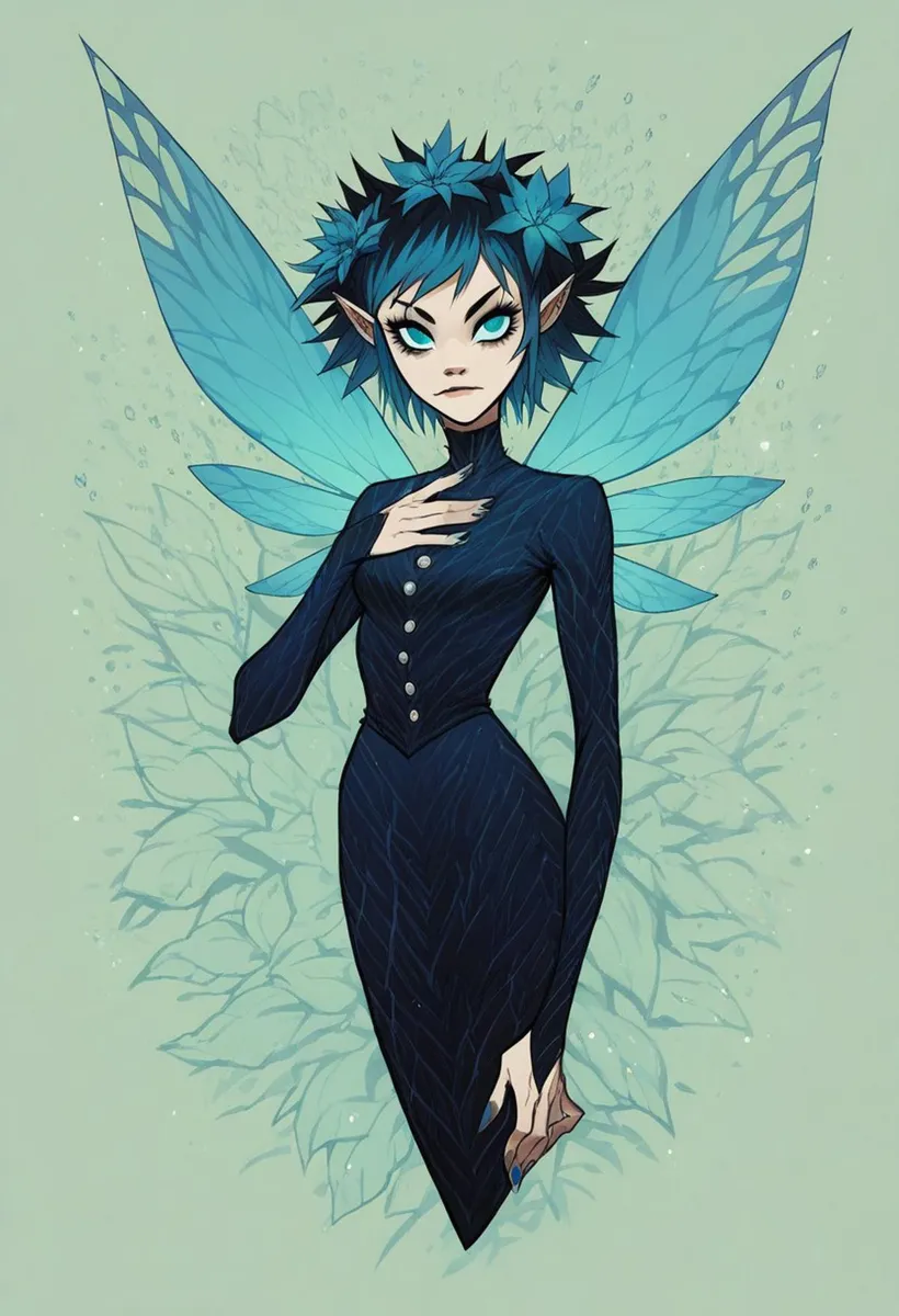 Un personaggio anime fata blu con ali eteree e un vestito scuro in stile arte fantastica. Immagine generata da AI usando stable diffusion.