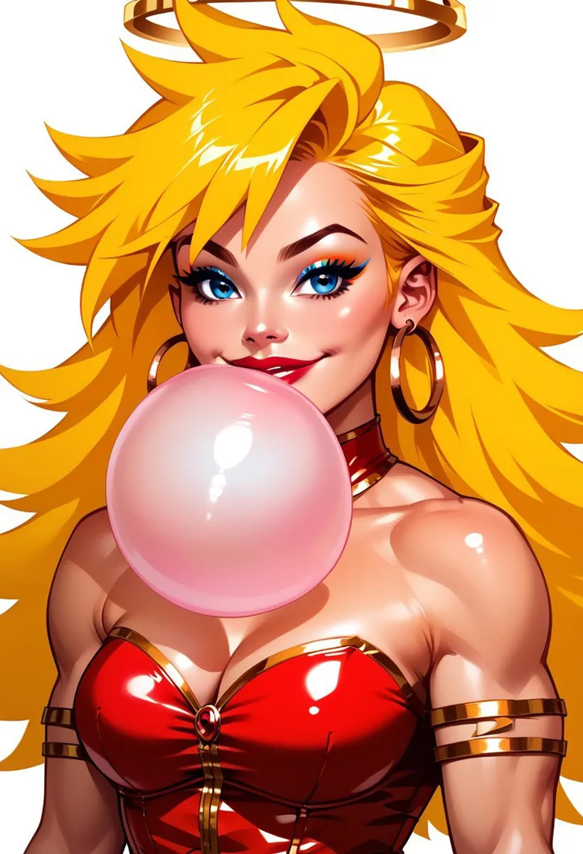 Un'illustrazione digitale di una ragazza con capelli biondo dorato che soffia una bolla di chewing gum, creata usando Stable Diffusion.