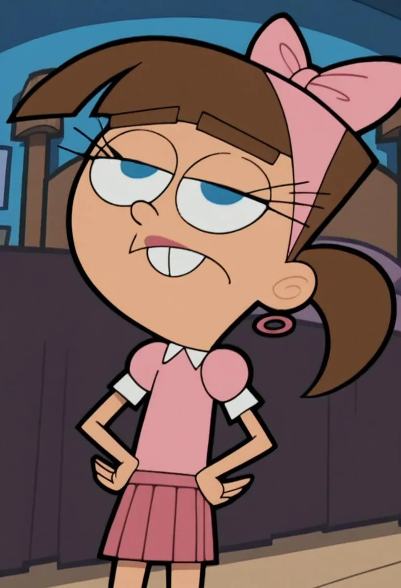 Cartoon girl with a brown ponytail, wearing a pink outfit, with a large pink bow on her head, arms on hips, and an unimpressed expression. AI generated image using Stable Diffusion.