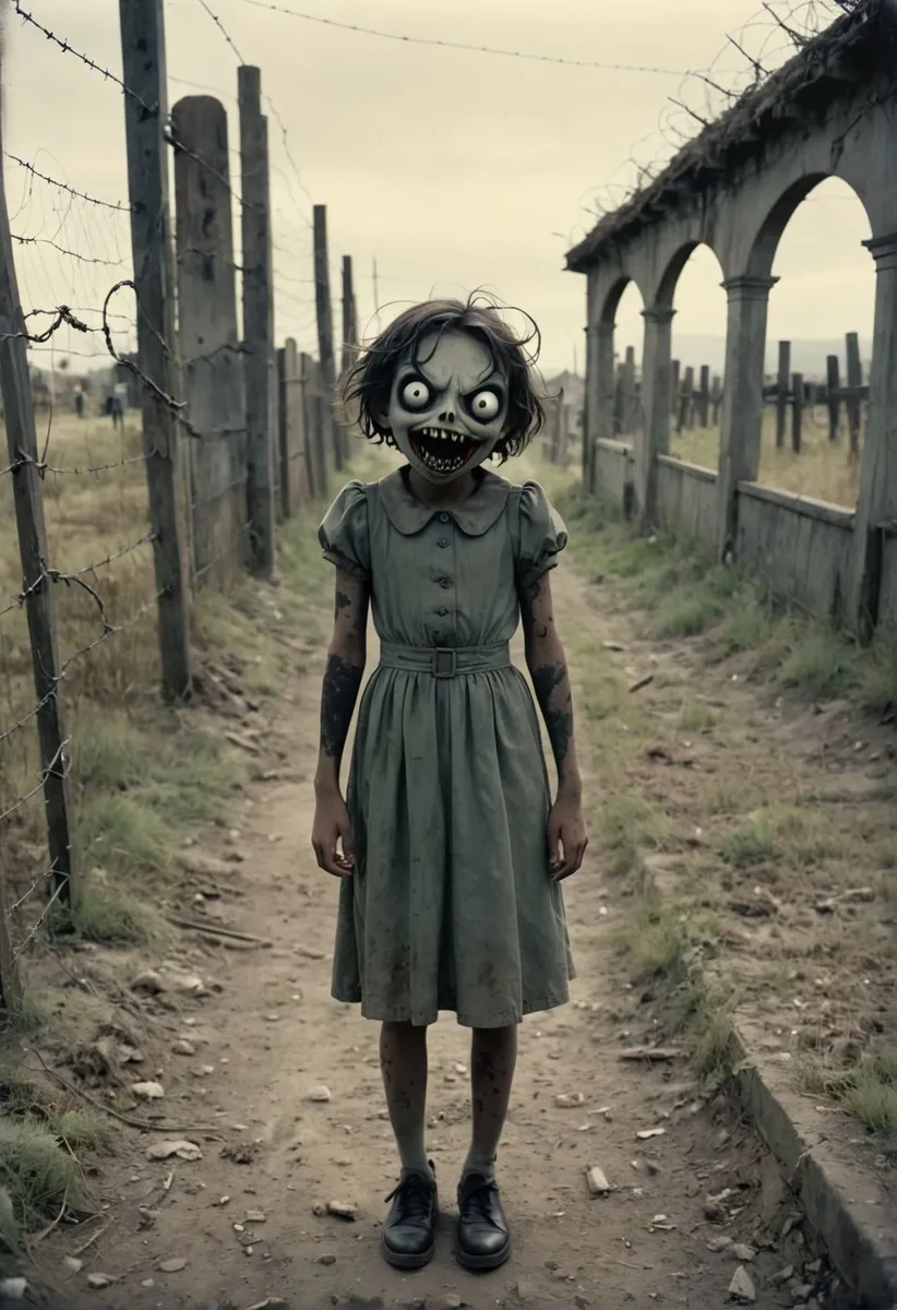 Una ragazza inquietante con una maschera da zombie in un luogo abbandonato. Immagine generata con AI usando Stable Diffusion.