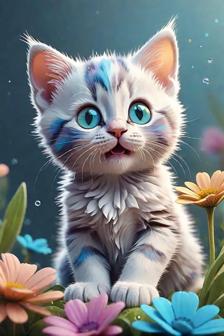 スタジオジブリ風のスタイルで3Dベクターアートとソフトなパステルカラーで彩られた、かわいい赤ちゃん猫とカラフルなファンタジーの花。