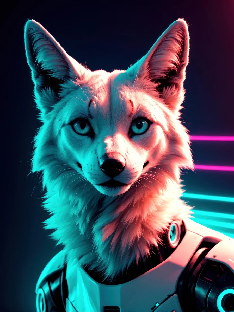 An AI generated image depicting an anthropomorphic fox wearing cyberpunk armor and glasses, standing in a futuristic landscape created with stable diffusion.