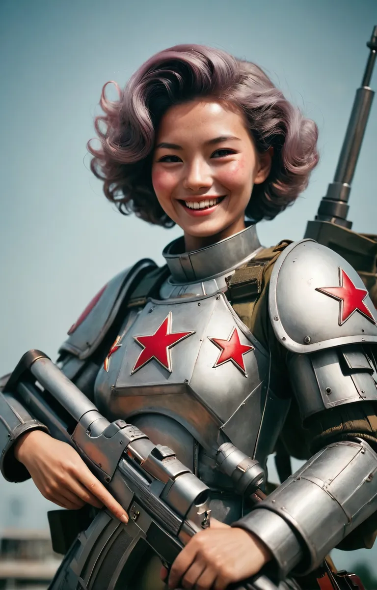 1950年代をインスパイアした日本人女性が赤とグレーの鎧を着てピクシーヘアで微笑んでいる、ヴィンテージのポラロイドスタイルで撮影。