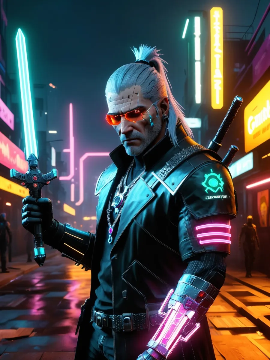 AI generated image using Stable Diffusion of a cyberpunk female warrior with silver hair and cybernetic armor standing in a futuristic city.