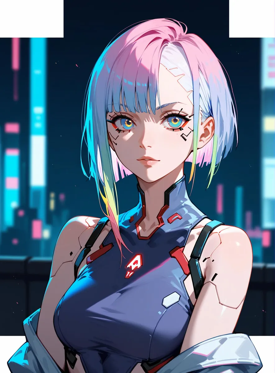 Cyberpunk anime girl with purple hair and sunglasses posing confidently in an urban night scene. This is an AI generated image using stable diffusion.