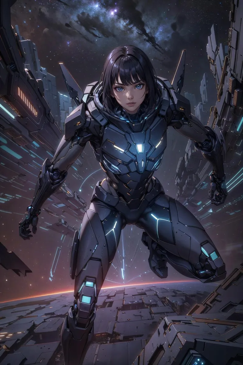 Intense cyberpunk warrior in a hood and intricate futuristic mask with glowing blue eyes, AI generated image using Stable Diffusion.