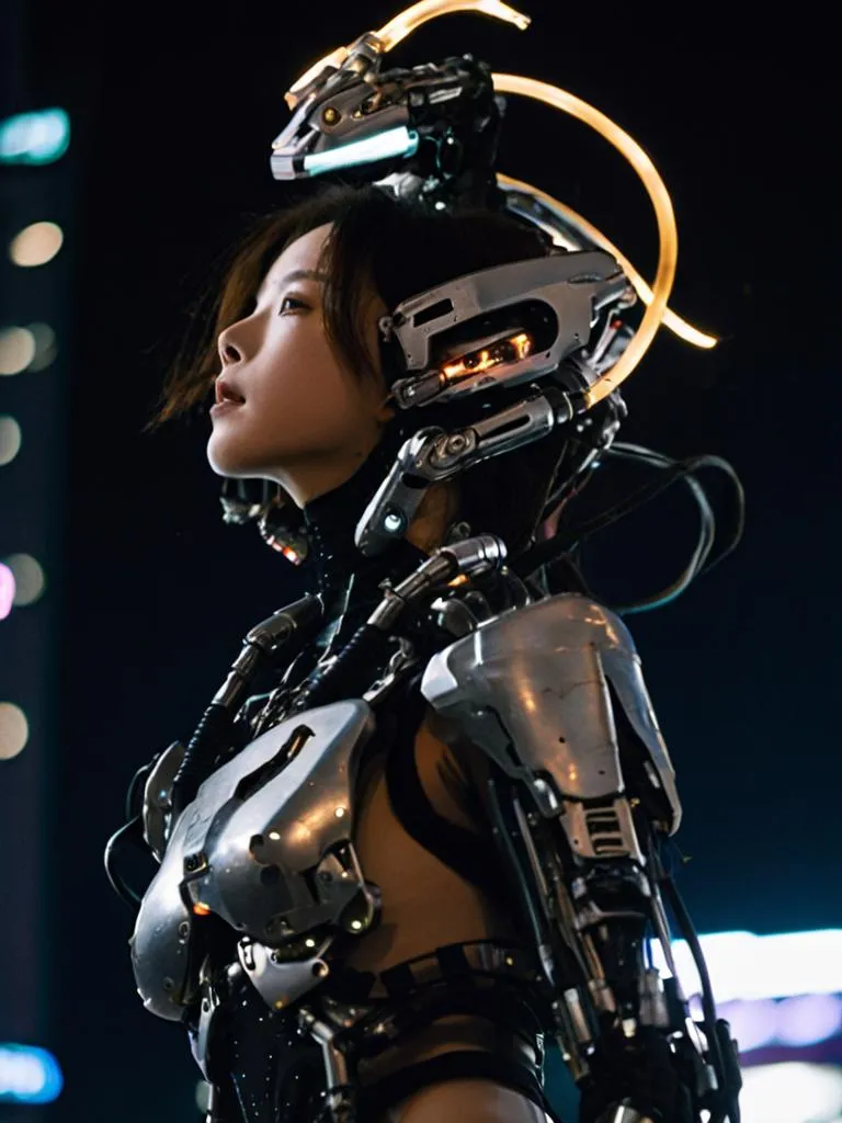 Cyborg woman sitting on a ledge in a futuristic city with green architecture, created using stable diffusion.