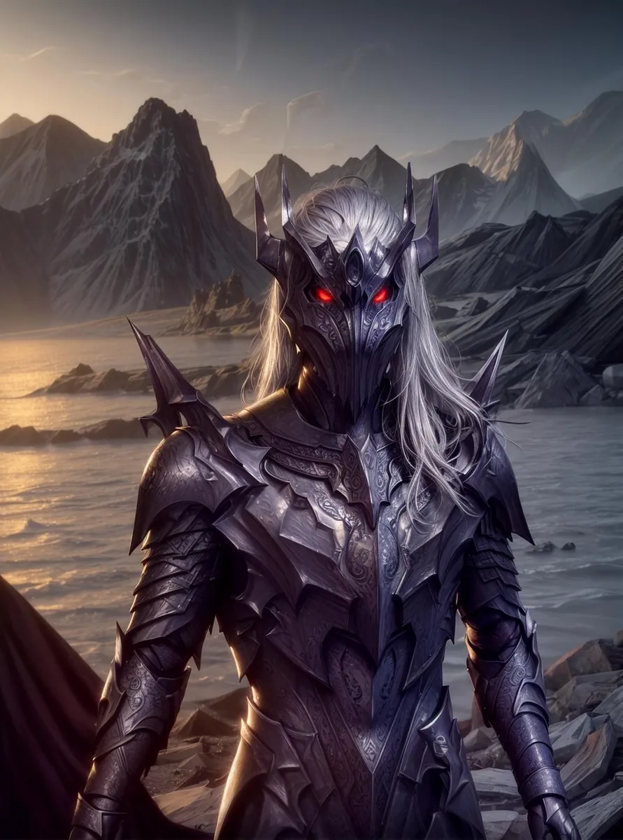 A dark knight in heavy armor and hooded cloak stands menacingly with a gothic castle and a full moon in the background. AI generated image using Stable Diffusion.