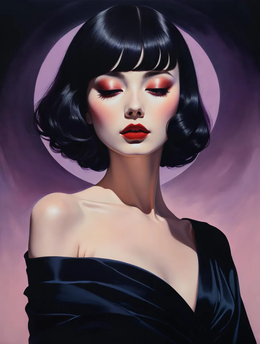 Immagine generata da AI usando stable diffusion di una donna elegante con tratti delicati, trucco retrò, labbra rosse e occhi chiusi, che indossa un abito nero scollato.