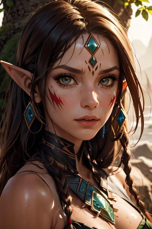 ドレッドロックスと戦化粧をした女性エルフのクローズアップファンタジーポートレート。