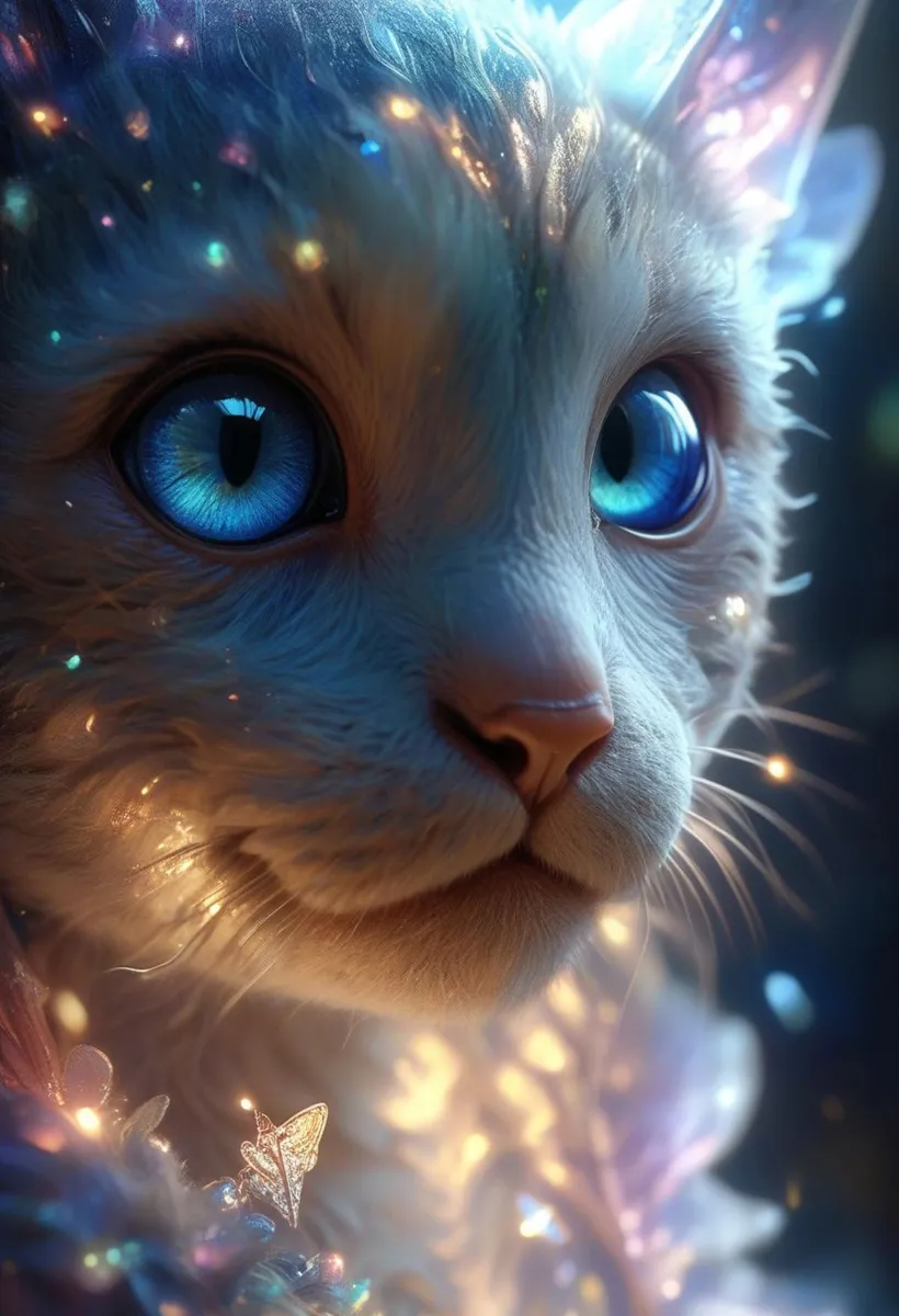 Una vista ravvicinata di un gatto fantastico con occhi blu ipnotizzanti circondato da luci eteree, generato usando Stable Diffusion.