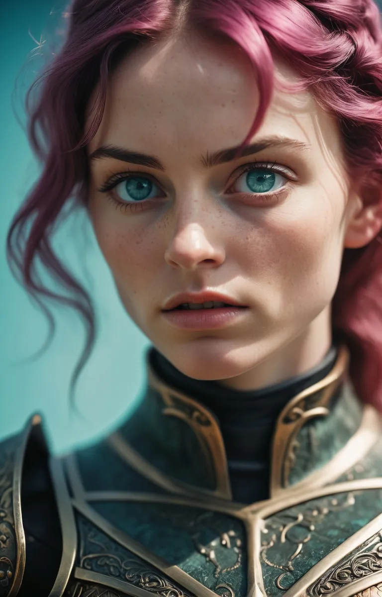Anime-style fantasy female warrior in red and green armor inside a cathedral, AI generated using stable diffusion.