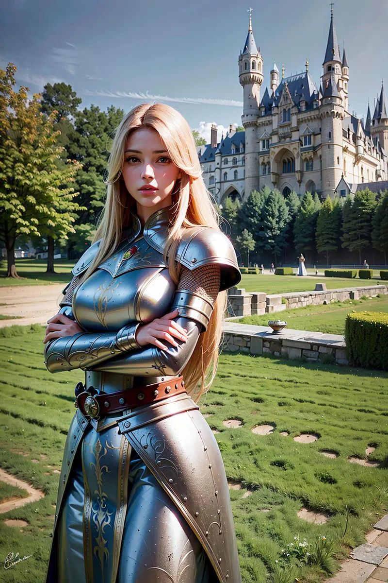 A fantasy warrior princess with long blonde hair and blue eyes wearing intricate golden armor and a jeweled headpiece. AI generated image using Stable Diffusion.