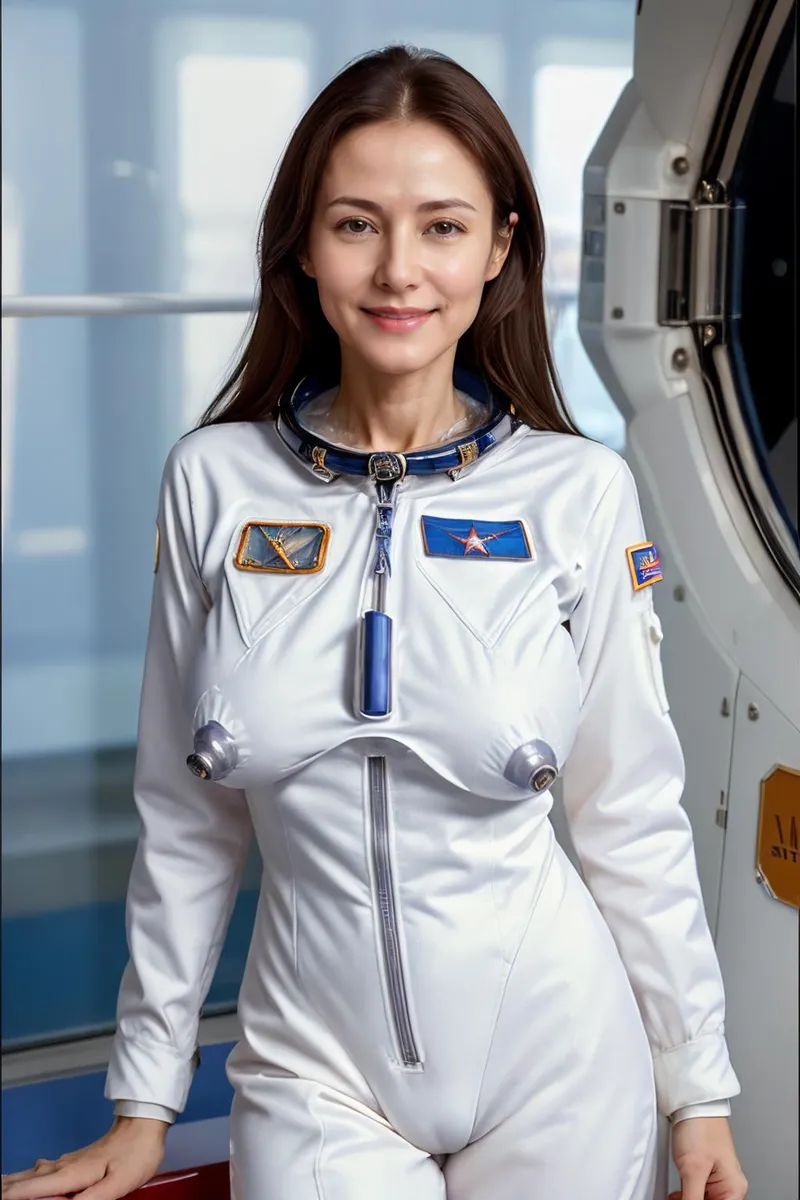 Stable Diffusionを使用して生成された、緑色の目と紫色の短髪を持つ未来的な宇宙服を着た女性宇宙飛行士のAI生成画像。
