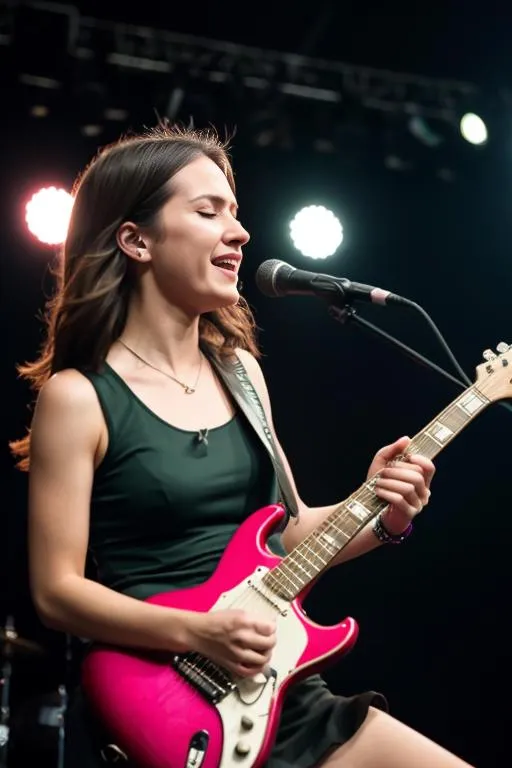 AI generated image of a rock guitarist, a woman with short red hair, wearing a blue tube top with the text 'BECK' and black choker. She is playing an orange electric guitar in a room decorated with posters and a window behind her.
