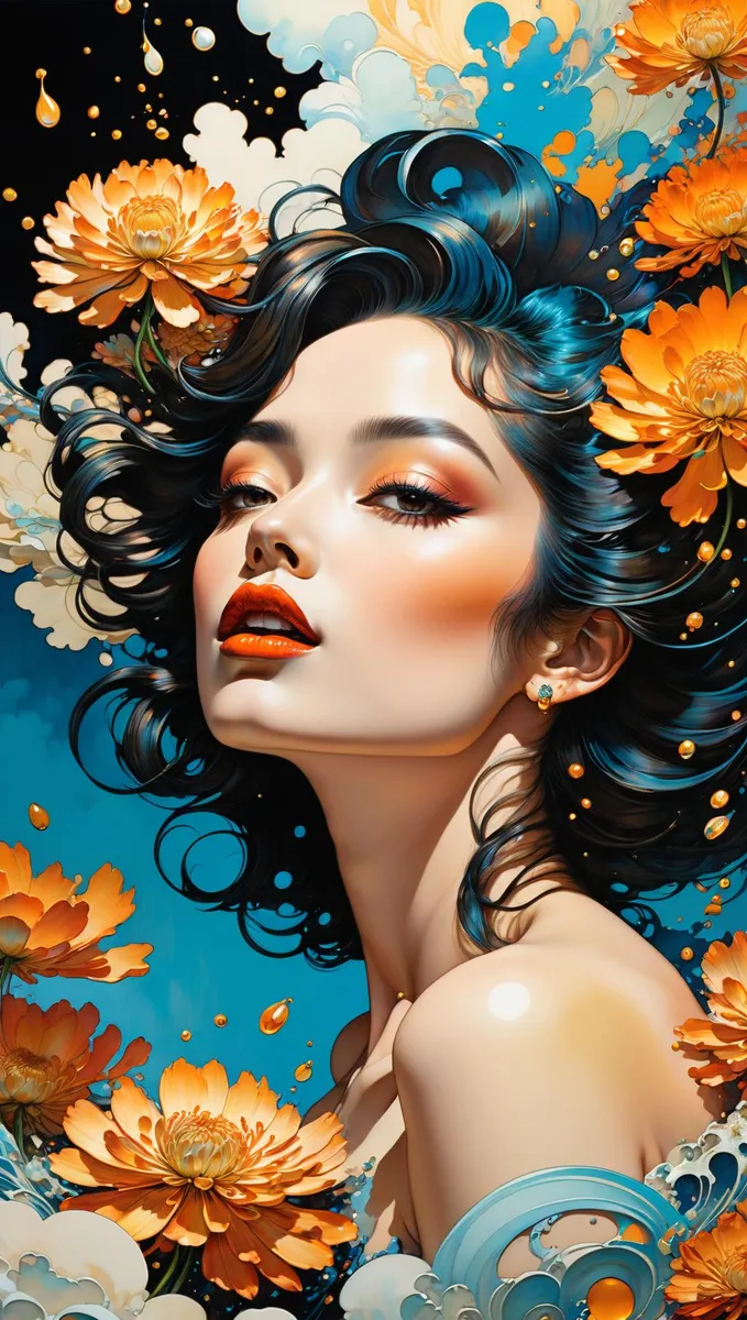 Un ritratto surreale di una donna con capelli scuri e mossi circondata da fiori arancioni ed elementi surreali blu e bianchi simili a nuvole, creato usando Stable Diffusion.