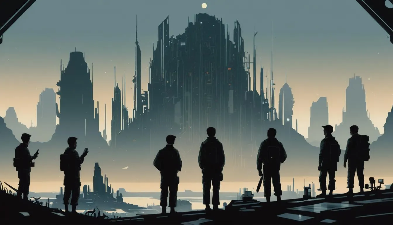 Futuristic cityscape with tall, slender towers and a lone figure walking, generated by AI using Stable Diffusion.