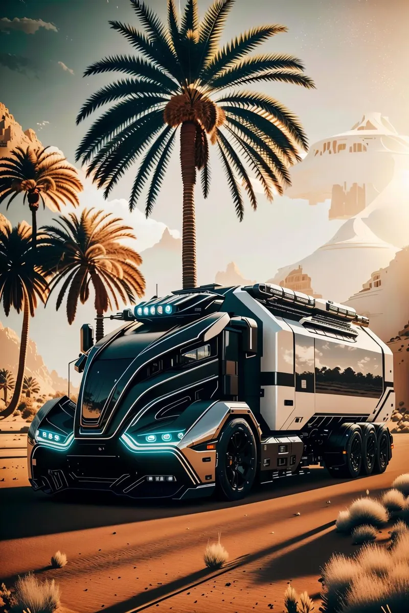 AI generated image using Stable Diffusion showcasing a futuristic truck driving through a desert landscape with palm trees and distant mountains.