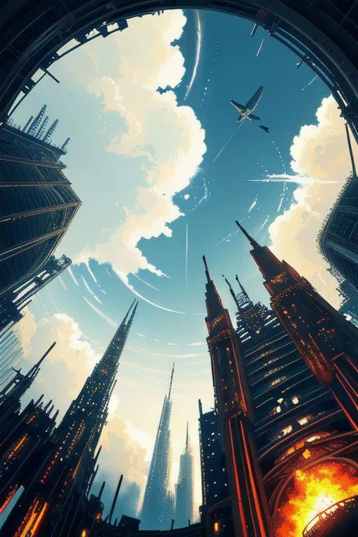 Futuristische Stadtlandschaft mit hoch aufragenden Sci-Fi-Gebäuden unter hellem blauem Himmel und verstreuten Wolken, erstellt mit KI und Stable Diffusion.
