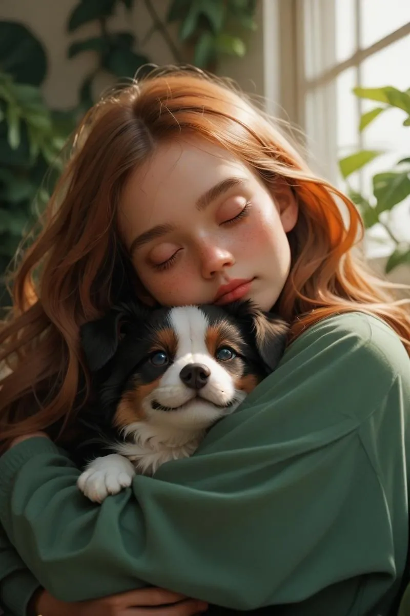 Stable Diffusion AIを使用して作成された、目を閉じて可愛い子犬を抱きしめる少女