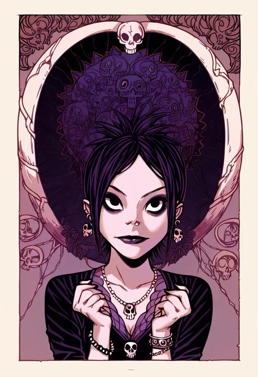 Illustrazione generata da AI usando stable diffusion che ritrae una ragazza gotica con capelli scuri, gioielli a forma di teschio e uno sfondo di teschi.
