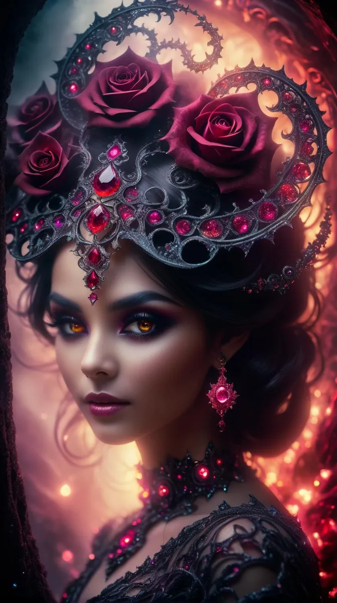 Principessa gotica fantasy con copricapo intricato adornato con rose e gioielli, immagine generata da AI usando stable diffusion.