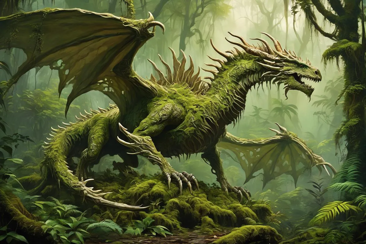 Un drago verde con muschio e vegetazione sul corpo che si erge in una giungla nebbiosa, immagine generata da AI usando Stable Diffusion.