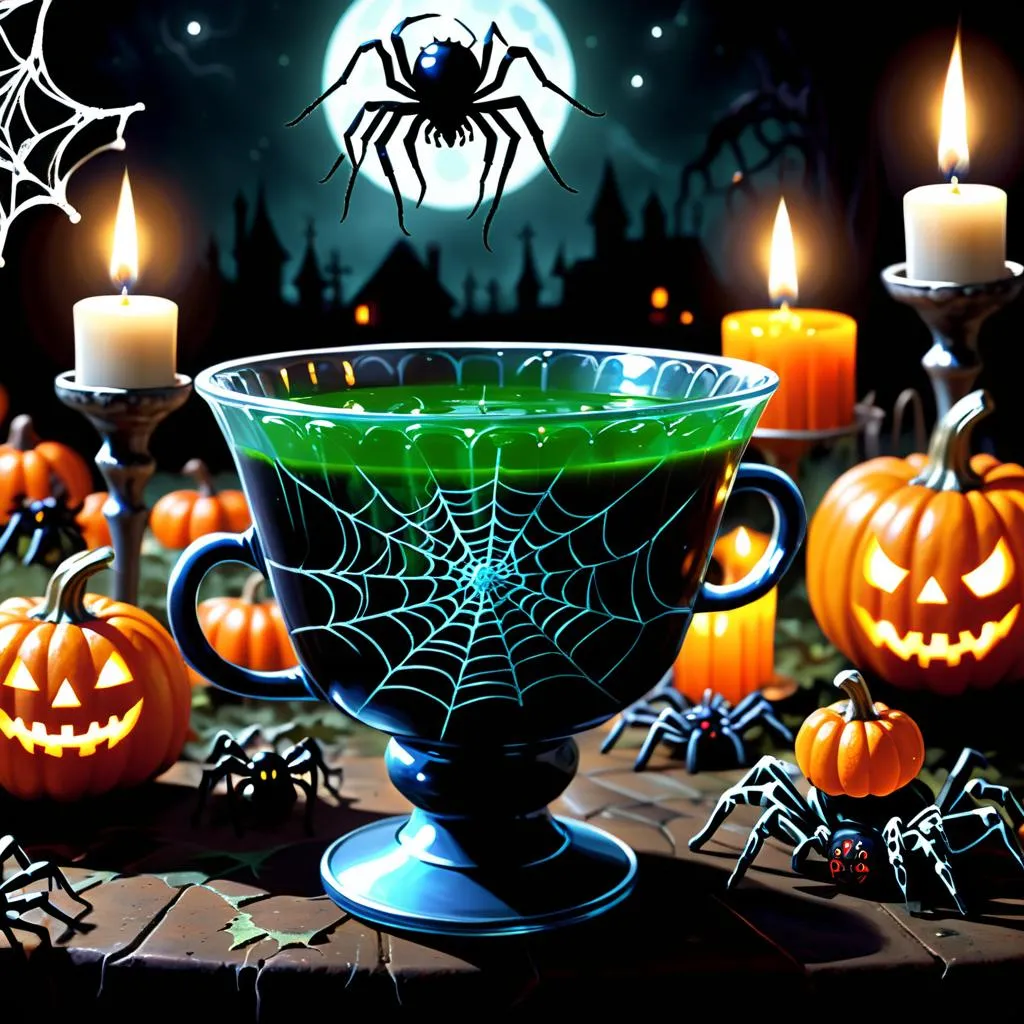 Una bevanda spettrale di Halloween in una tazza a tema ragnatela circondata da candele, zucche e ragni, creata usando stable diffusion.