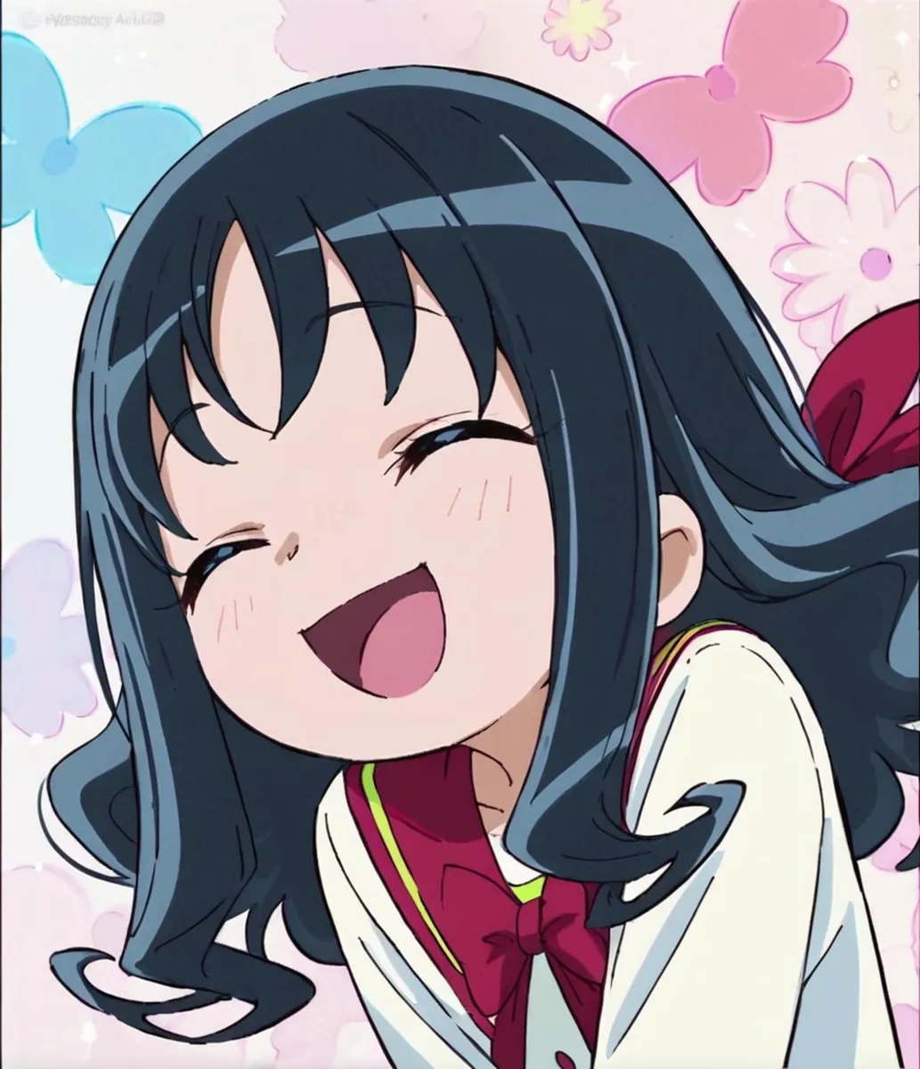 A happy anime girl with dark blue hair and a red ribbon, laughing joyfully against a colorful background featuring flowers, created using Stable Diffusion.