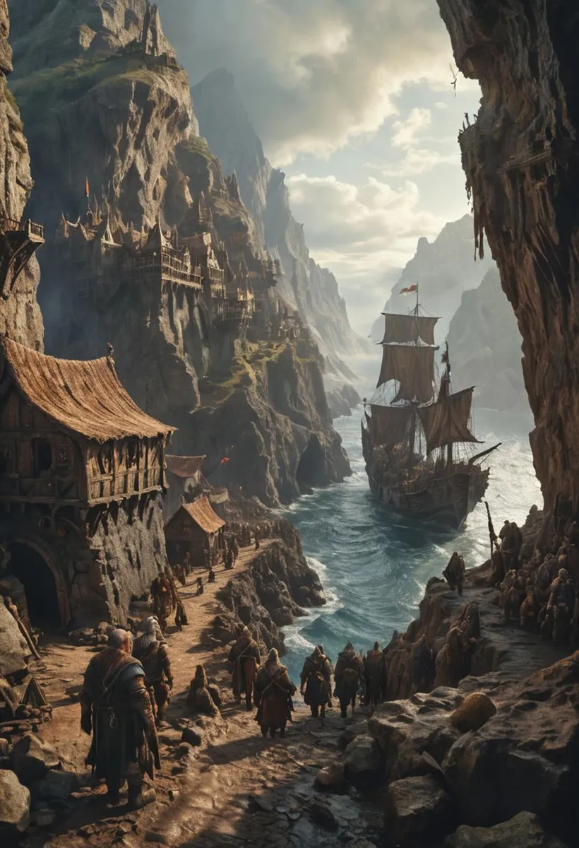 Un paesaggio fantasy meticolosamente dettagliato che raffigura un porto medievale affollato. Scogliere adornate da edifici rustici dominano la scena, dove una maestosa nave naviga il passaggio marino stretto. Immagine generata dall'AI usando Stable Diffusion.
