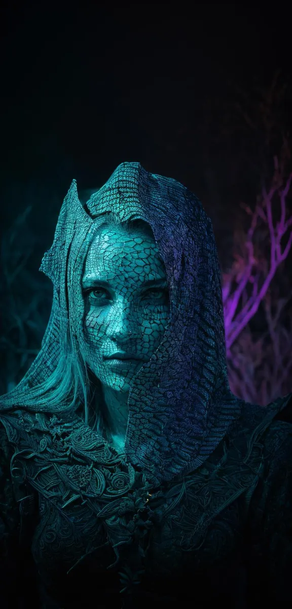 ドラゴンの肌の質感と詳細な目を持つ女性が、中世のディストピアファンタジーにセットされ、緻密なディテールと鮮やかな色で表現されている。