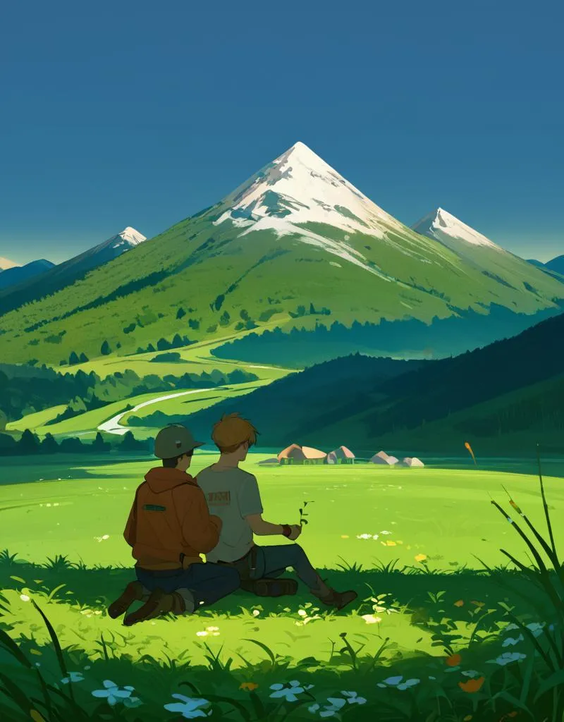 Stable Diffusionで生成されたAI画像で、雪をかぶった山々を眺める草原に座る2人の友人。